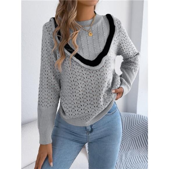 Hollow-Out Knit Top with Contrast Trim - Picture 9 of 16